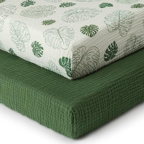 Blissful Diary Muslin Crib Sheets for Girl Boy, Boho Neutral Soft Cotton Baby Sheet for 52''x28'' Standard Crib Mattress, 2 Pack(Monstera&Dark Green) - Image 1