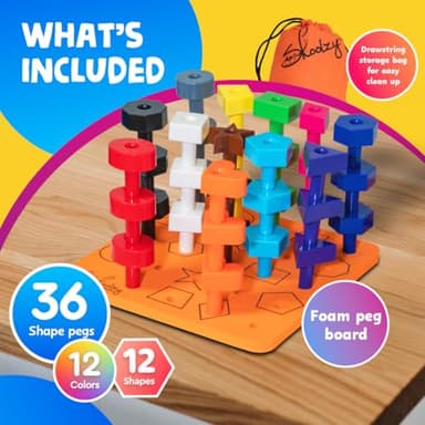Skoolzy Peg Board Set - Montessori Toys for 2 Year Old - 38 Pc Plastic Peg Board for Kids with Shapes - Occupational Therapy Toys with Pegs, Dice, Lacing String & Storage Bag - Image 8