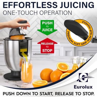 Eurolux Premium Electric Orange Juicer | Stainless Steel Citrus Squeezer With New Ultra-Powerful Motor and Soft Grip Handle for Effortless Juicing, Auto Shutoff, Dishwasher-safe Parts, Pulp Control - Image 7