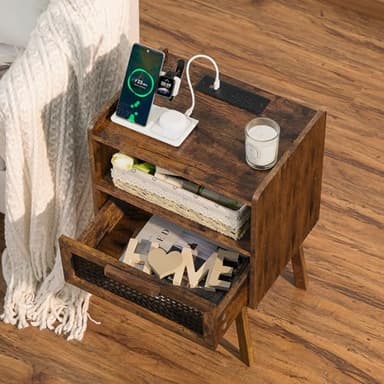 Lerliuo Rattan Nightstands Set of 2 with Charging Station, Boho Side Table with Drawer Open Shelf, Cane Accent Bedside End Table with Solid Wood Legs for Bedroom, Dorm and Small Spaces (Brown) - Image 2