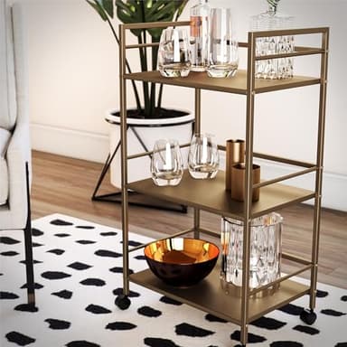 Novogratz Helix Small Bar Cart for the Home, 3 Tier Rolling Cart With Wheels, Kitchen Cart with Storage for Beverages and Wine, Gold - Image 3