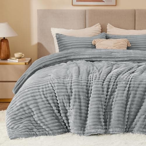 BEDELITE Fleece Queen Comforter Set -Super Soft & Warm Fluffy Light Grey Bedding, Luxury Fuzzy Heavy Bed Set for Winter with 2 Pillow Cases - Image 1