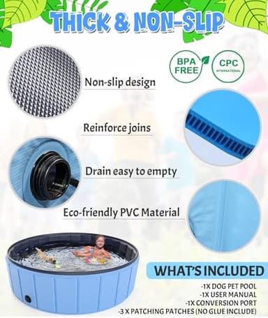 Giant Dog Pool 107"x 20", Hyperzoo Foldable Dog Swimming Pool, Hard Plastic PVC Leakproof Doggie Wading Collapsible Pet Bathing Tub for Puppy Small Medium Large Dogs and Kids, Blue - Image 6