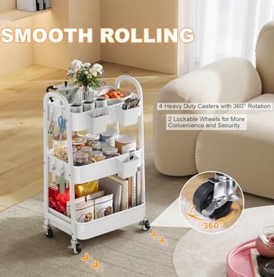 3 Tier Rolling Cart Metal with Wheels, Heavy Duty White Three Tiered Craft Cart Organizer on Wheels, Utility Roller Storage Carts for Art, Baby Nursery, Diaper Caddy, Snack,Book,Nail,Cleaning Supplies - Image 5
