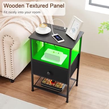 LOAKEKEL Night Stand Set 2, LED Nightstand with Charging Station, End Tables Living Room with Fabric Drawer, Small Side Tables for Bedroom, Small Space, Black, HETS01BK - Image 9