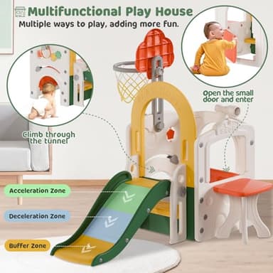 BIERUM Toddler Slide, Baby Slide for Toddlers Aged 1-3, with Adjustable Basketball Hoop, Soccer, Dart Board and Pretend Shopping Window, Multi-Functional Playset for Indoor Outdoor Use - Image 5