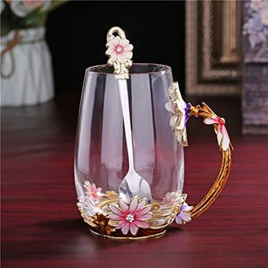 Luka Tech Enamel flower Lead-free Glass Coffee Mugs Tea Cup with Steel Spoon, Best Birthday Gifts For Women Wife Mom Friends Mothers Valentines Day Christmas - Image 3