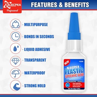ALECPEA 30g Plastic Glue - Ultra-Strong Adhesive for Plastic Models, Acrylic, DIY Crafts, Electronics, PVC, ABS, and More - Quick Set in 15 Seconds, 3 Applicator Nozzles - Image 2