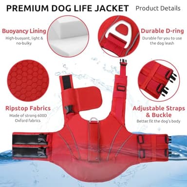 Queenmore Dog Life Jackets, Dog Life Vest for Swimming Medium, Ripstop Pet Lifesaver with Rescue Handle, High Visibility Flotation Vest, Pet Pool Float (Red,M) - Image 3