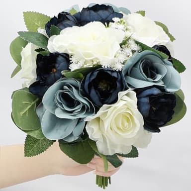 DIYDOFUN Set of 6 Navy & Dusty Blue Silk Bridesmaid Bouquets, 11 Inch Round Artificial Flower Arrangements for Wedding Decorations - Image 5