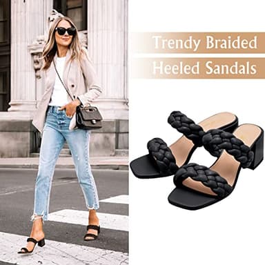 Athlefit Women's Braided Heeled Sandals Strappy Square Open Toe Heels Backless Mules Slip On Block Heels Black Size 10 - Image 2