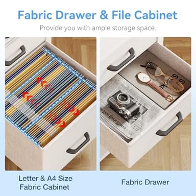 Casaottima 40" Small Computer Home Office Desk for Bedroom with Fabric Drawers & File Cabinet, Cloth Storage Bag and Hook, Writing Study Work Table for Small Space, White - Image 4