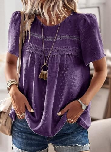 Falechay Boho Tops for Women Round Neck Tunic Tops for Women Loose Fit Dark Purple Shirts Pom Pom Swiss Dot Short Sleeve Summer Blouses Clothes L - Image 5
