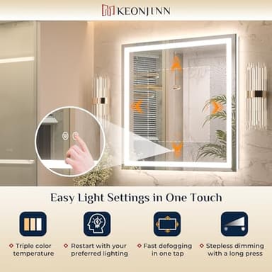 Keonjinn 60" x 40" Lighted Mirror for Bathroom Wall, LED Mirror with Frontlit & Backlit, Large Bathroom Mirror with Lights, Dimmable 3-Color Lights, HD Tempered Glass, UL-Listed LED Driver - Image 5