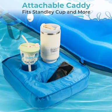 Fabric Covered Inflatable Pool Lounger Float Adult, 70"x39" Extra Large Pool Float w/ UPF50+ Sunshade Canopy & Cupholder Caddy, Water Floaties Raft Recliner Chair for Pool Party Lake Beach-Blue - Image 5
