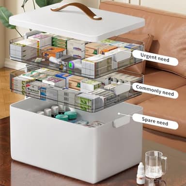 CTIME 3-Tier Medicine Organizer - Portable Medicine Cabinet with Leather Handle, Empty First Aid Kit for Home - Image 2