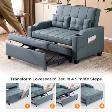 VINGLI Convertible Loveseat Sleeper, Blue Grey Faux Leather Futon Sofa Bed Pullout Couch Bed with USB Ports, Cup Holders, Armrest for Living Room, Bedroom, Home Office Apartment - Image 7