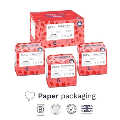 Pura Hypoallergenic Diaper Pants Size 6 (33+ lbs) Overnight, up to 12 Hours Leak Protection, Suitable for Sensitive Skin, Totally Chlorine Free, Soft Organic Cotton, 3 Packs of 17 (51 Pull Up Pants) - Image 2