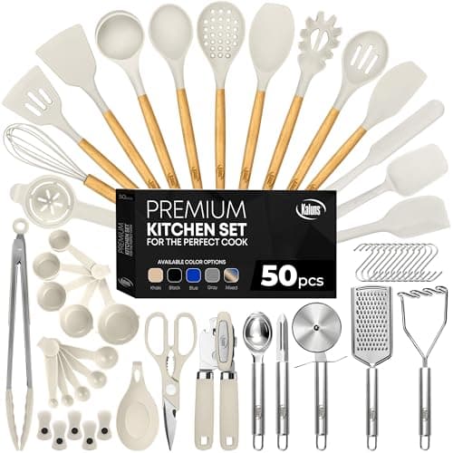 Kaluns 50 PCS Silicone Kitchen Utensils Set Complete Kitchen Set - 800°F Heat Resistant Non-Stick Premium Cooking Utensils W Wooden Handles - Can Opener, Masher, Turner, Silicone Spatula Set - Image 1