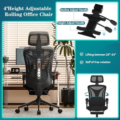 CYKOV Ergonomic Office Chair - Adjustable Lumbar & Headrest, 90-160° Reclining with Footrest, Breathable Mesh Back - Home Office/Gaming Computer Chair (Black, 300lbs Capacity) - Image 5