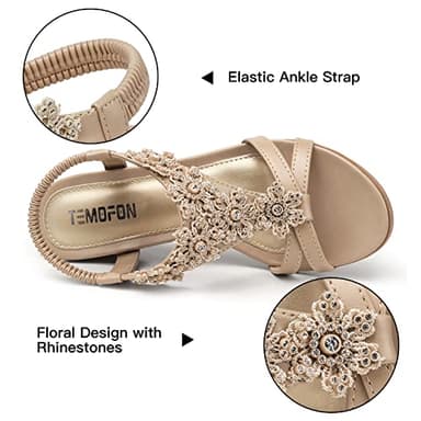 TEMOFON Womens Sandals Wedge Low: Summer Open Toe Wedges - Dressy Casual Beach Platform - Comfortable Elastic Ankle Strap Sandal Nude Size 7 - Image 4