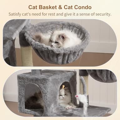 Heybly Cat Tree with Toy, Cat Tower Condo for Indoor Cats, Cat House with Padded Plush Perch, Cozy Hammock and Sisal Scratching Posts, Light Gray HCT004SW - Image 3