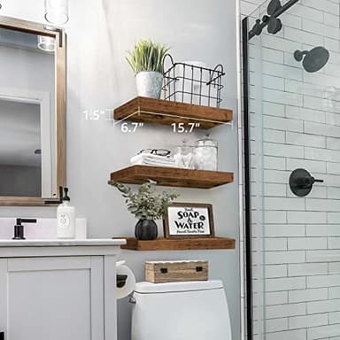 QEEIG Floating Shelves for Wall Bathroom Shelf Bedroom Kitchen Living Room Hanging Book Shelves Small Farmhouse Decor 16 inch Set of 3, Rustic Brown (015-BN3) - Image 2