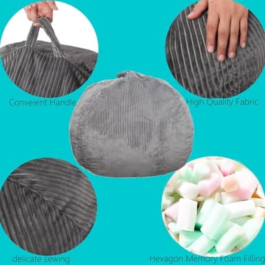 Bean Bag Chair 3Ft Luxurious Faux Rabbit Fur Memory Foam Bean Bag Chairs for Adults/Teens with Filling,Ultra Soft Faux Fur Fabric, Round Fluffy Sofa for Living Room Bedroom College Dorm (Grey) - Image 4