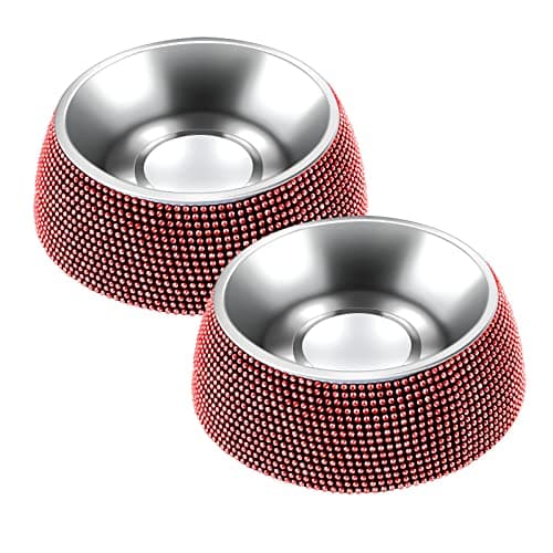 eing Dog Bowls, Stainless Steel Pet Bowls with Bling Rhinestones,Pet Bowls Food Water Feeder with Non-Skid Rubber Base for Puppy Cats Dogs (320ML,2 - Pack, Red) - Image 1