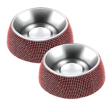 eing Dog Bowls, Stainless Steel Pet Bowls with Bling Rhinestones,Pet Bowls Food Water Feeder with Non-Skid Rubber Base for Puppy Cats Dogs (320ML,2 - Pack, Red) - Image 1