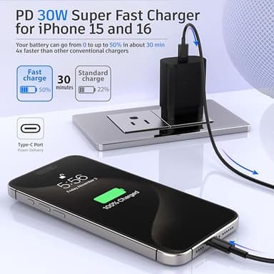 USB-C Charger 30W Super Fast Charging, Type C Block Adapter Plug Cable Cord 6ft for iPhone 17,17 Air,17 Pro,17 Pro Max, iPhone 16,16 Plus,16 Pro,16 Pro Max, iPhone 15, iPad Pro 12.9/11 - Image 3