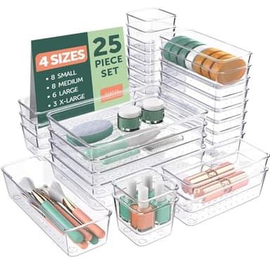 25 PCS Clear Plastic Drawer Organizers Set, 4 Sizes Clear Drawer Organizers & storage Bins for Makeup/Jewelry Vanity, Kitchen Gadgets Or Office Desk. Bathroom Drawer Organizer Trays With Non-Slip Pads - Image 9