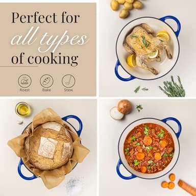 Nuovva Enamelled Cast Iron Dutch Oven Pot with Lid – 6.4 Quart Non Stick Casserole Pot – Heavy Duty & Oven Safe up to 500° F for Bread Baking, Braising, Stews, Roasting – 28cm Dark Blue - Image 7