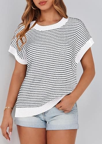 PRETTYGARDEN Womens Short Sleeve Sweater Spring Summer 2025 Round Neck Striped Pullover Cap Sleeve Knit Sweater Vest Tops(Striped White Navy,Small) - Image 8