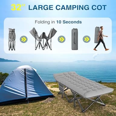 ZENPETIO Camping Cots for Adults, Portable Folding Sleeping Cot with Carry Bag, 1200D Double Layer Oxford Ultra Soft Cot Bed with Mattress, Tent Cot for Travel Office Hospital, Support 500lbs, Gray - Image 4