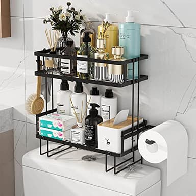 Godboat Bathroom Organizers, 2-Tier Over Toilet Storage, Floating Shelves with 2 Hooks & Paper Holder, Wall Mounted Shelf Furniture, Cool Accessories & Decor, Gifts for Women, Mothers Day (Black) - Image 1