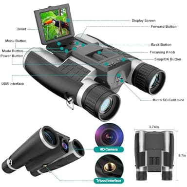 ZZSTAR 12x32 Binoculars with Camera, Large View Binoculars for Adults High Powered, FMC & BAK4 Prism, 2" LCD Display 5MP 1080P Video Photo Recorder for Bird Watching Hunting, with 32GB Card, Silver - Image 7