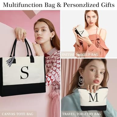 YOOLIFE Birthday Gifts for Sister - Initial Canvas Tote Bag & Makeup Bag, Letter D - Image 2