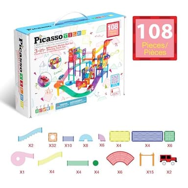 PicassoTiles 108pc 3-in-1 Marble Run Car Race Track Combo Magnetic Tiles PicassoToys Magnet Building Block Educational Construction Toy Playset STEM STEAM Learning Kit Child Brain Development PTG108 - Image 8