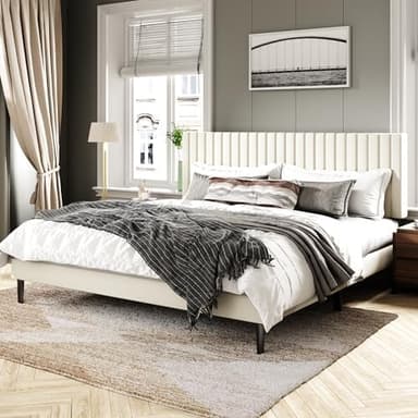 King Size Bed Frame with Velvet Upholstered Headboard, Platform Bed with Strong Wood Slats, Mattress Foundation, Box Spring Optional, Easy Assembly, Beige - Image 4
