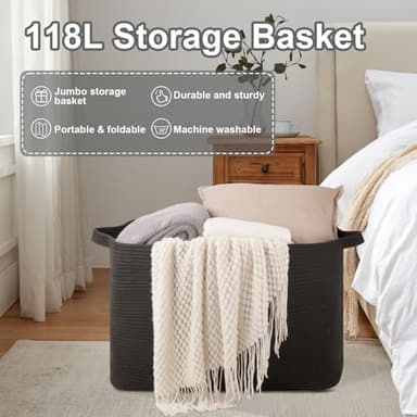 OIASKET 118L Extra Large Blanket Basket, 24.8" x 17.7" x 17.2" Woven Storage Basket for Living Room, Rectangle Nursery Blanket Storage for Toys, Towels, Dirty Clothes (Black) - Image 6