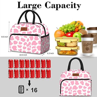 Coobiiya Lunch Bag Women, Lunch Box for Women Adult Men, Small Leak-proof Cute Lunch Tote Large Capacity Reusable Insulated Cooler Lunch Container for Work/Office/Picnic/Travel-Pink Cow - Image 3