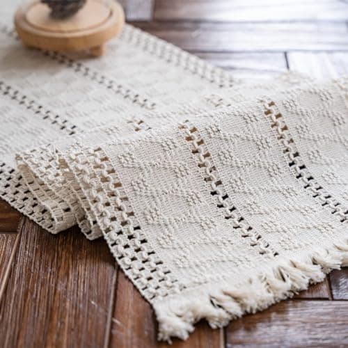 Alynsehom Macrame Table Runner Cream Beige Boho Table Runners with Tassels Hand Woven Cotton Table Runner Rustic Farmhouse Table Runners for Bohemian Kitchen Dining Table(12x48in) - Image 1