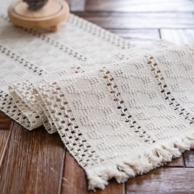 Alynsehom Macrame Table Runner Cream Beige Boho Table Runners with Tassels Hand Woven Cotton Table Runner Rustic Farmhouse Table Runners for Bohemian Kitchen Dining Table(12x48in) - Image 1