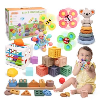 YHHYTOY 6-in-1 Montessori Baby Toys 0-6 6-12 Months, Infant Teething Toys Soft Stacking Blocks Rings Shape Sorter Sensory Fidget Spinners for Toddler 1-3, First Baby Gift Set for 6 Month Old Girl Boy - Image 1