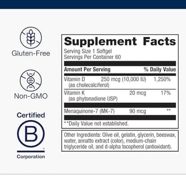 Metagenics Vitamin D3 + K - for Artery Health, Immune Support, Bone & Heart Health* - Vitamin D with MK-7 (Vitamin K2) - Non-GMO - Gluten-Free - 60 Softgels - 10,000 IU - Image 2
