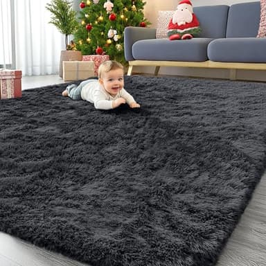 OLANLY 8x10 Machine Washable Large Area Rugs for Living Room, Bedroom, Soft Fluffy Shaggy Bedside Rug, Indoor Floor Carpet for Kids Girls and Boys, Dorms, Nursery, Home Decor Aesthetic, Black - Image 1
