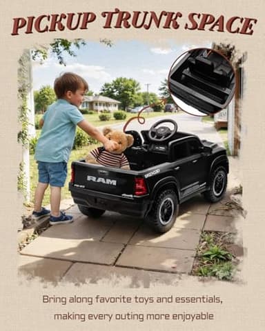 First Ride On 12V Licensed Ram 1500 Ride on Toy for Kids, Toddler Ride on Pickup Truck with Parent Remote Control, Electric Car for Kids with Truck Bed Storage, 3 Point Safety Belt (Black) - Image 6