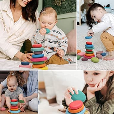 OESSUF 16pcs Extra-Large Wooden Sorting Stacking Rocks - Safe Montessori Toys for 1-3 Year Old, Waldorf Wooden Blocks for Toddlers 1-3, Smooth Stacking Stones for Toddlers, for Kids - Image 5