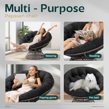 Bme Metal Oversized Swivel Papasan Chair, Living Room Chair with Black Cushion, Gray Frame, 360° Swivel, Skillfully Woven Resin Wicker, 46 Inch Wide, Bee-Designed Base, Modern Style, Indoor Use - Image 7